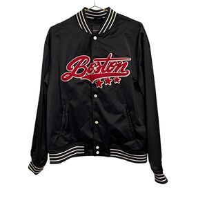 HM Mens Boston Varsity Bomber Jacket Black Satin Snap Front Large